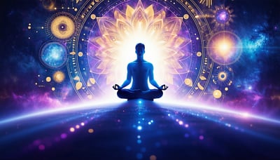 Illustration of a person meditating, surrounded by cosmic symbols and light, representing the journey of transcendence. Illustration of a person meditating, surrounded by cosmic symbols and light, representing the journey of transcendence.